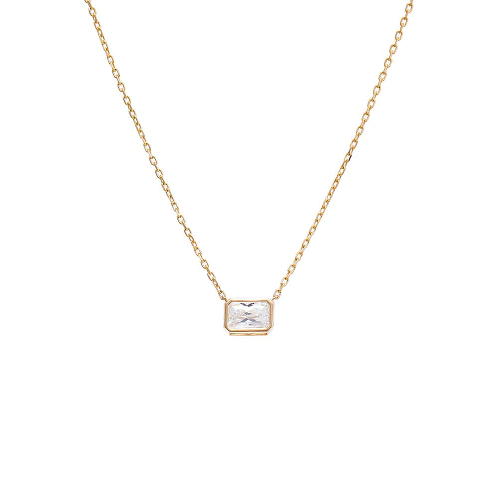 CZ Bezel Baguette Pendant Necklace 14K