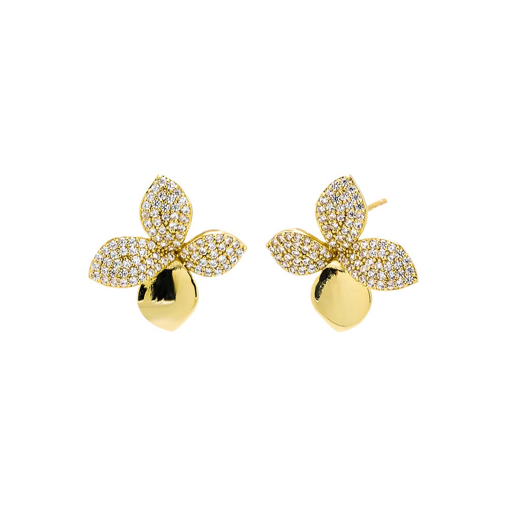 Pave Accented Four Leaf Flower Stud Earring