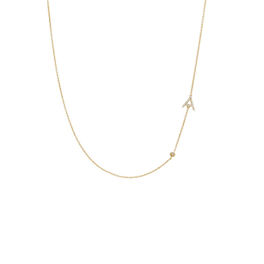 Diamond Asymmetrical Initial and Bezel Necklace 14K